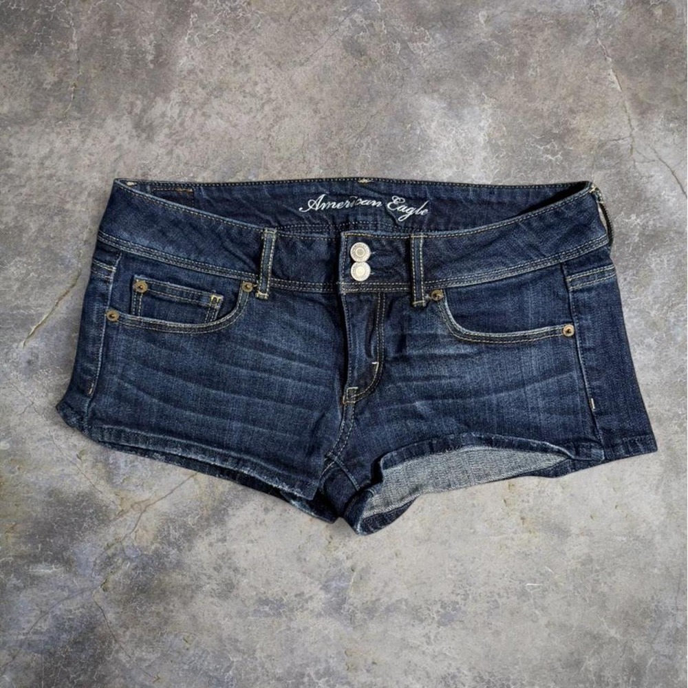 American Eagle Dark Wash Denim Shortie Shorts Low Rise Y2K Jean Shorts Size 8